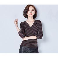 Women\'s Casual/Daily Simple T-shirt, Striped V Neck Long Sleeve Cotton Polyester