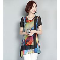 womens casualdaily simple blouse print round neck short sleeve cotton  ...