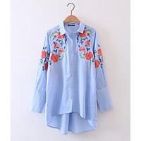 womens daily simple shirt embroidery shirt collar long sleeve polyeste ...