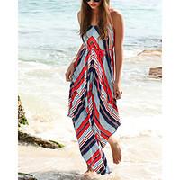 Women\'s Beach Swing Dress, Geometric U Neck Asymmetrical Sleeveless Polyester Summer Mid Rise Micro-elastic Medium