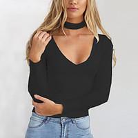 Women\'s Choker Going out / Casual/Daily Sexy / Street chic Spring / Fall Slim All Match T-shirtSolid V Neck Long Sleeve Medium