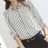 Women\'s Fine Stripe Simple All Seasons Shirt, Striped Shirt Collar Long Sleeve White Medium