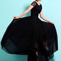 womens lace solid color maxi chiffon dress with lace top