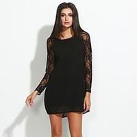 womens lace lace splicing chiffon round long sleeve loose dress