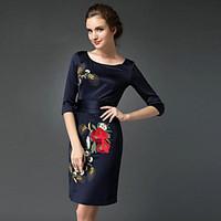 Women\'s Embroidery /Work/Plus Size Chinoiserie Sheath Dress, Embroidered Round Neck Above Knee ¾ Sleeve Blue Polyester Spring/FallMid