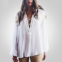 Women\'s Lace up Going out Beach Simple Street chic Blouse, Solid V Neck Long Sleeve White Polyester