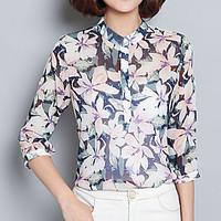 Women\'s Going out Casual/Daily Street chic Spring Fall Blouse, Floral Stand Long Sleeve Polyester Medium