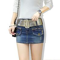 womens solid blue cotton denim skirt sexy bodycon casual hole fashion  ...