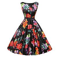 Women\'s Vintage A Line / Skater Dress, Floral Round Neck Knee-length Sleeveless Black Polyester Summer Mid Rise
