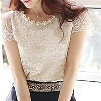 Women\'s Lace Casual/Daily Plus Size Simple Summer Blouse, Jacquard Round Neck Short Sleeve Polyester Thin