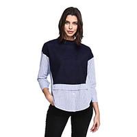 Women\'s Fine Stripe Plus Size Casual/Daily Simple Shirt, Solid Striped Turtleneck Long Sleeve Blue Cotton Polyester