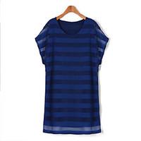 Women\'s Casual/Daily Simple Plus Size Dress, Striped Round Neck Mini Short Sleeve Blue / White / Beige / Black