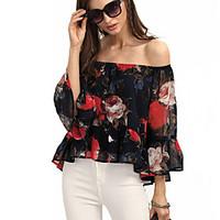 Women\'s Off The Shoulder Going out Sexy / Street chic All Seasons Blouse, Floral Boat Neck Long Sleeve Black Polyester Thin