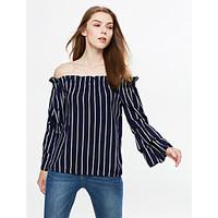 Women\'s Fine Stripe Casual/Daily Simple Fall / Winter T-shirtStriped Boat Neck Long Sleeve Blue Cotton Medium