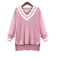 Women\'s Plus Size Simple Regular Pullover, Solid Pink / Purple V Neck Long Sleeve Polyester Fall Medium