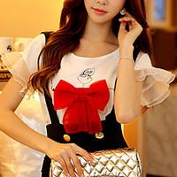 womens flare sleevebow color block white blouse round neck short sleev ...