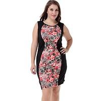 Women\'s Casual/Daily Street chic Plus Size Dress, Floral Round Neck Above Knee Sleeveless Red Polyester / Nylon