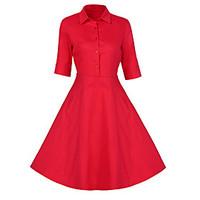 Women\'s Casual/Daily Formal Party Vintage A Line Chiffon Swing Dress, Solid Shirt Collar Midi ½ Length Sleeve Red BlackCotton