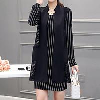 Women\'s Fine Stripe Plus Size Casual/Daily Simple Sheath Dress, Striped Round Neck Above Knee ½ Length Sleeve Modal Black Summer Mid Rise Inelastic