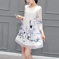 Women\'s Going out Party Vintage Street chic A Line Loose Dress Patchwork Embroidered Mesh V Neck Above Knee Silk White Summer