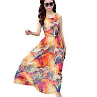 Women\'s Holiday Sexy / Boho Chiffon / Swing Dress, Print Round Neck Maxi Sleeveless Blue / Brown / Orange Polyester All Seasons