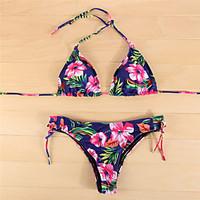 womens halter bikini lace up floral polyester blue