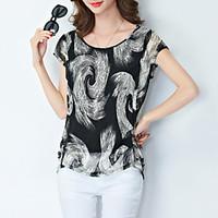 Women\'s Plus Size Casual/Daily Simple Summer Blouse, Print Round Neck Short Sleeve Black Polyester Thin