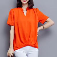 Women\'s Plus Size Casual/Daily Street chic Summer Blouse, Solid V Neck Short Sleeve Pink White Black Orange Polyester Thin