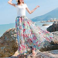 Women\'s Swing Print Chiffon Thin Elegent Skirts Beach Holiday Boho High Rise Maxi Elasticity Summer