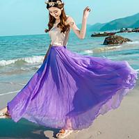 Women\'s Swing Solid Chiffon legent Skirts Beach Holiday Boho Mid Rise Maxi Elasticity Summer