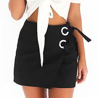 Women Bodycon Solid Bow SkirtsCasual/Daily Club Sexy Simple Over Hip Lace Up High Rise Above Knee Drawstring Micro-elastic Summer Fall