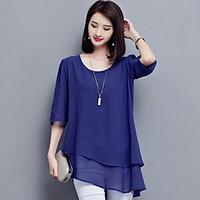 Women\'s Plus Size Casual/Daily Simple Summer Blouse, Solid Round Neck ½ Length Sleeve Blue Black Polyester Medium