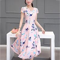 womens slim pleated a line dress print v neck midi short sleeve pink c ...