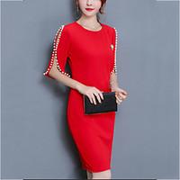 Women\'s Plus Size Split Beads Slim Bodycon Dress Solid Round Neck Above Knee Length Sleeve Red Black Cotton Spring Mid