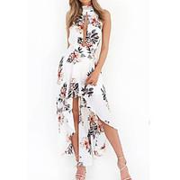 Women\'s Casual/Daily Sexy Cute Sheath Dress, Print Halter Midi Sleeveless White Cotton Spring Summer Mid Rise Micro-elastic Medium