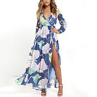 Women\'s Casual/Daily Beach Party Sexy Vintage Street chic Loose Sheath Swing Dress, Floral V Neck Maxi Long Sleeve Polyester SummerHigh