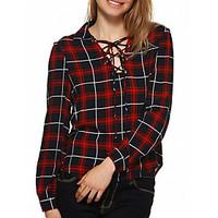 womens lace up casualdaily simple all seasons shirt plaid v neck long  ...