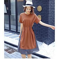 Women\'s Casual/Daily Simple Loose Dress, Solid Round Neck Midi Short Sleeve Cotton Summer Mid Rise Micro-elastic Medium