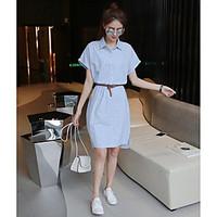 Women\'s Daily Loose Dress, Striped Shirt Collar Maxi Short Sleeve Cotton Summer Mid Rise Micro-elastic Thin