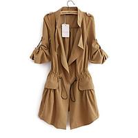 Women\'s Casual/Daily Simple Trench Coat, Solid / Patchwork Shirt Collar Summer Blue / Pink / Beige / Brown Cotton Medium