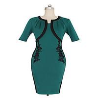 Women\'s Party Vintage Bodycon Dress, Color Block Round Neck Knee-length Green Summer