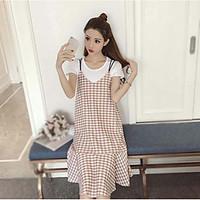 Women\'s Casual/Daily Vintage Summer Tank Top Dress Suits, Plaid Round Neck Short Sleeve Inelastic