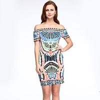 Women\'s Off The ShoulderBoho Simple / Street chic Vintage National Style Print Off-The-Shoulder Sheath Dress, Boat Neck Knee-length