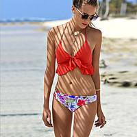 womens ruffle bandeau bikini floral polyester red