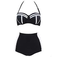 womens high waist strappy color block push up swimsuit bikini