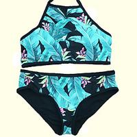 womens lace up retro floral print leaves dark green high neck swimsuit