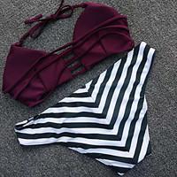 womens lace up striped and wine bikini swimsuit