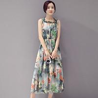 Women\'s Going out Swing Dress, Solid Floral Round Neck Midi Sleeveless Polyester Summer Mid Rise Inelastic Thin