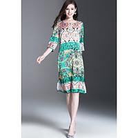 womens going out loose dress floral round neck midi length sleeve poly ...