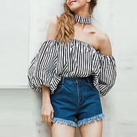 Women\'s Off The Shoulder Going out Casual/Daily Vintage Sophisticated Blouse, Striped Halter ¾ Sleeve Cotton Rayon